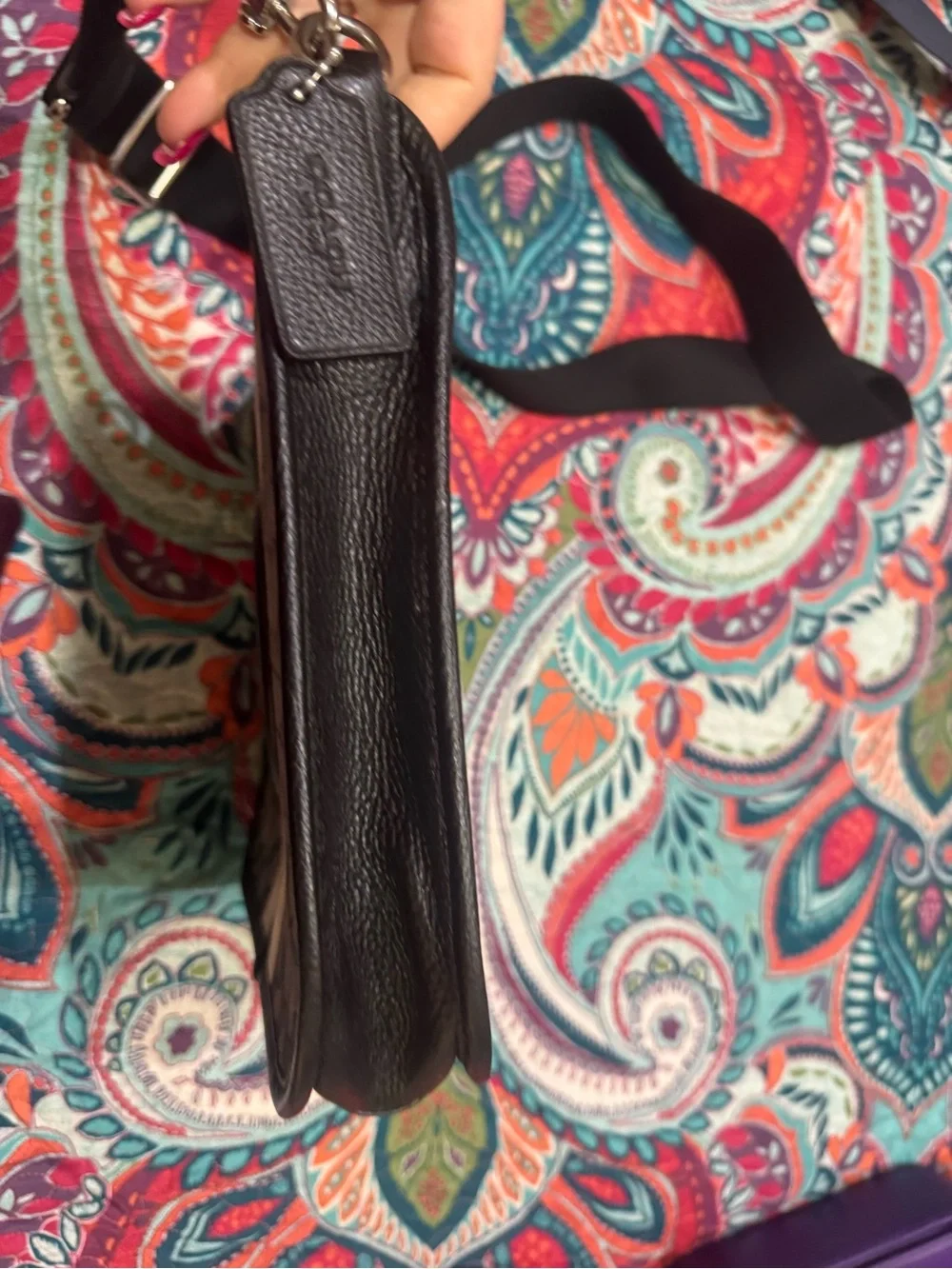 Coach Black Signature Canvas Messenger Bag with White and Gray Stripe